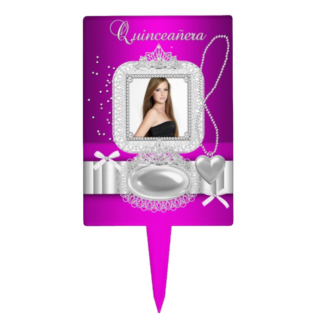 Quinceanera 15th Hot Pink Lace Pearl Photo Cake Topper (Front)