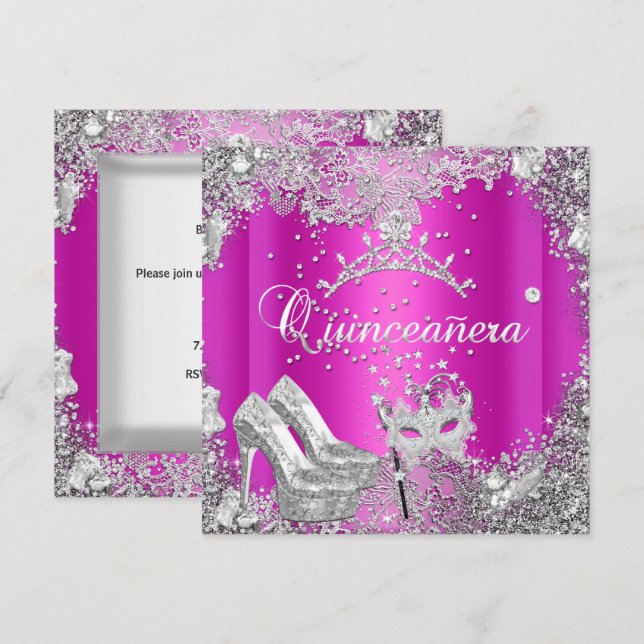 Quinceanera 15th Hot Pink Silver Mask Tiara Invitation (Front/Back)