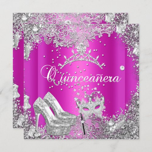 Quinceanera 15th Hot Pink Silver Mask Tiara Invitation