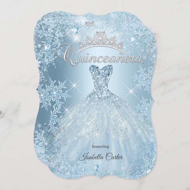 Quinceanera 15th Icy Blue Winter wonderland Dress Invitation (Front/Back)