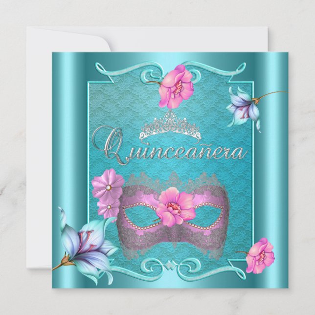 Quinceanera 15th Mask Teal Blue Pink Silver Floral Invitation (Front)