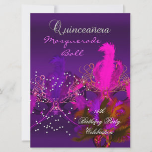 Quinceanera 15th Masquerade Purple Pink Masks Big Invitation