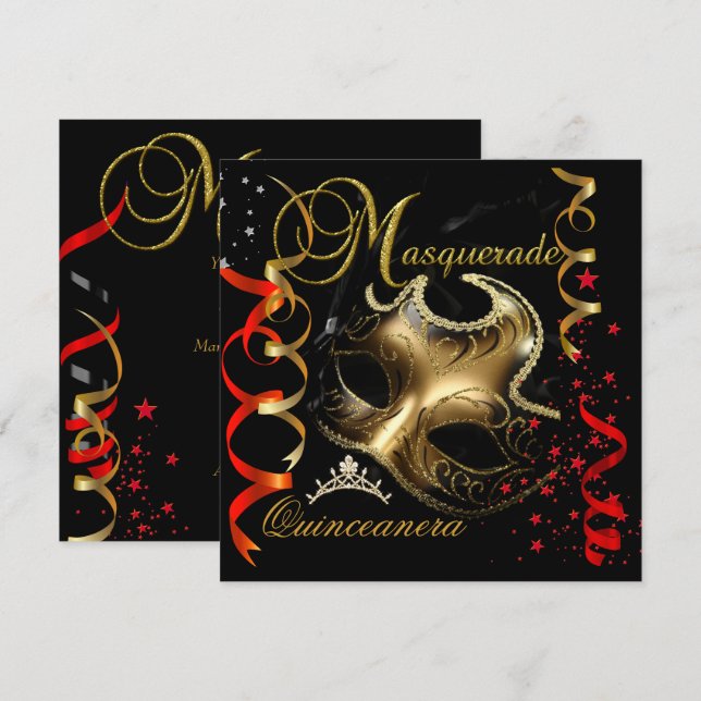 Quinceanera 15th Masquerade Red Gold Mask Invitation (Front/Back)