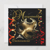 Quinceanera 15th Masquerade Red Gold Mask Invitation (Front)