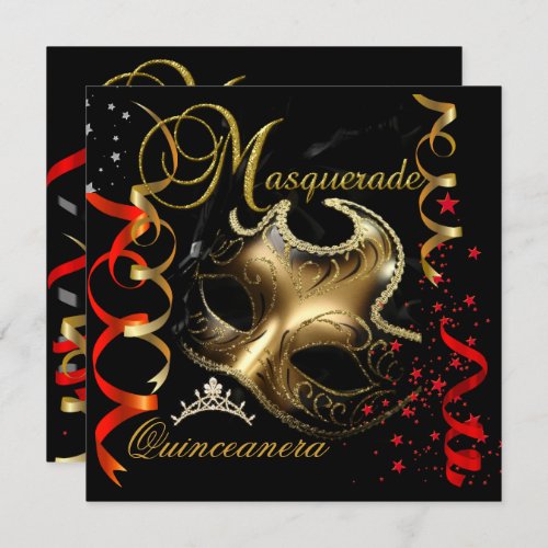 Quinceanera 15th Masquerade Red Gold Mask Invitation