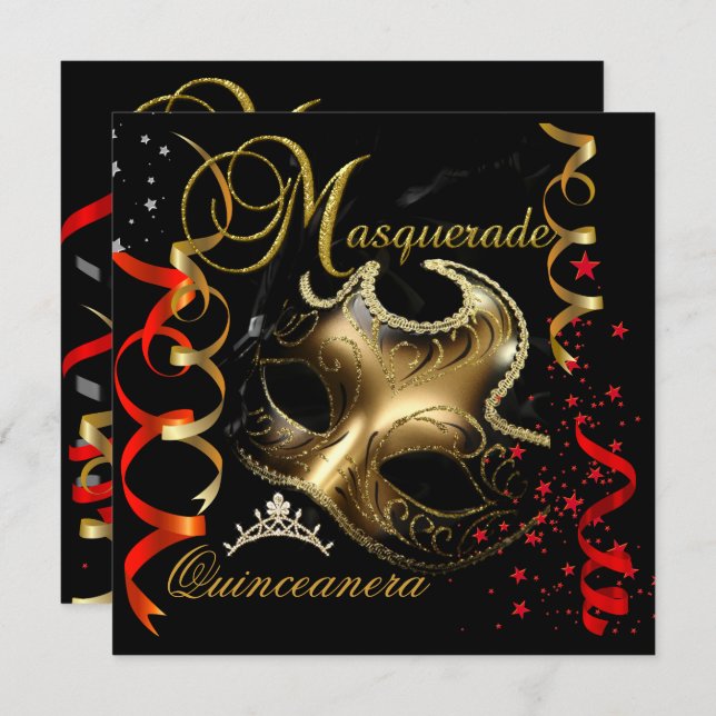 Quinceanera 15th Masquerade Red Gold Mask Invitation (Front/Back)