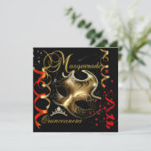 Quinceanera 15th Masquerade Red Gold Mask Invitation (Standing Front)