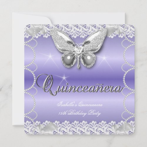 Quinceanera 15th Mauve Lace Butterfly Pearl Party Invitation