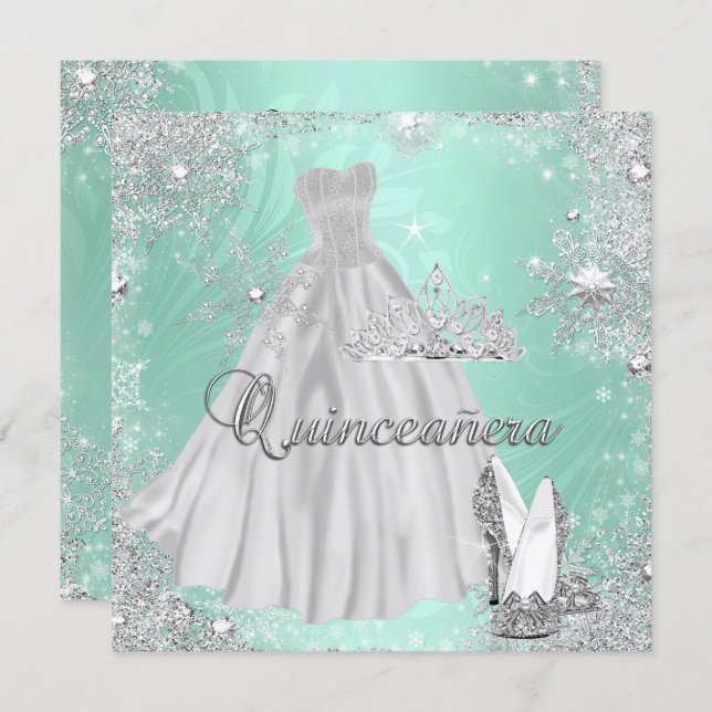 Quinceanera 15th Mint Silver Birthday Party Invitation (Front/Back)