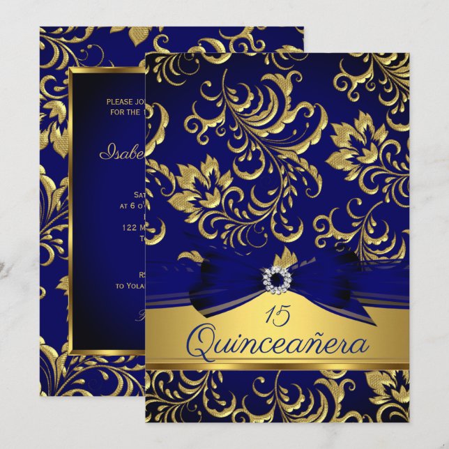Quinceanera 15th Navy Blue Gold Floral Damask Bow Invitation (Front/Back)