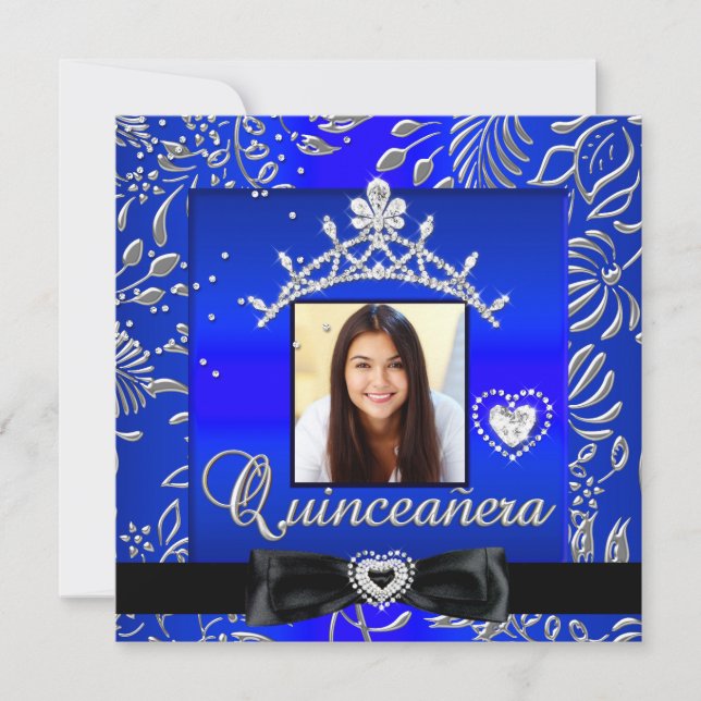 Quinceanera 15th Party Blue Silver Damask Photo Invitation (Front)