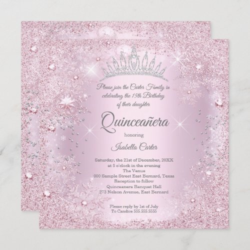 Quinceanera 15th Party Blush Pink Snowflake Winter Invitation