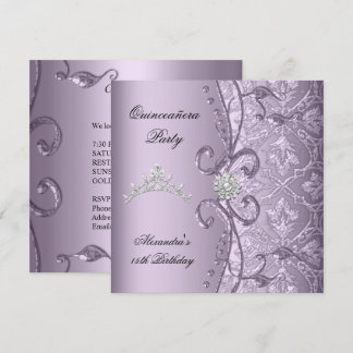 Quinceanera 15th Party Damask Lilac Jewel Image Invitation