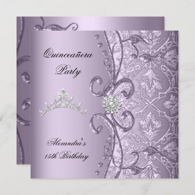 Quinceanera 15th Party Damask Lilac Jewel Image Invitation (Front/Back)
