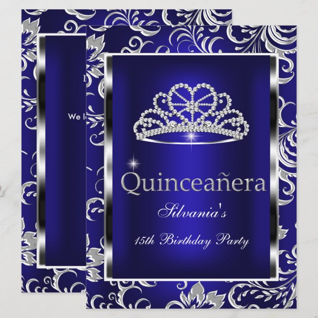 Quinceanera 15th Party Dark Blue Damask Silver Invitation (Front/Back)
