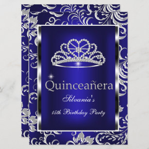 Quinceanera 15th Party Dark Blue Damask Silver Invitation