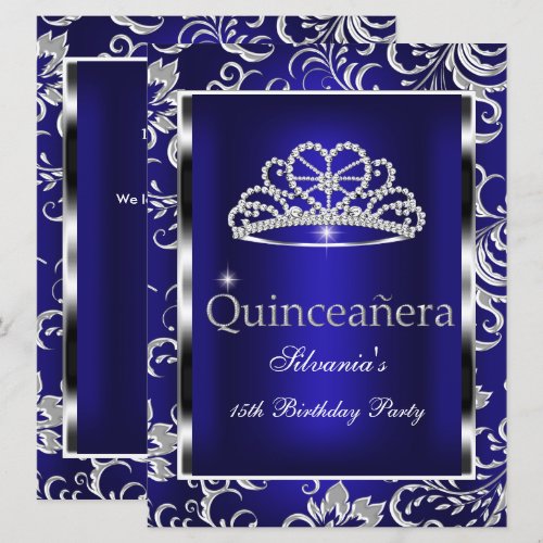 Quinceanera 15th Party Dark Blue Damask Silver Custom Invitation