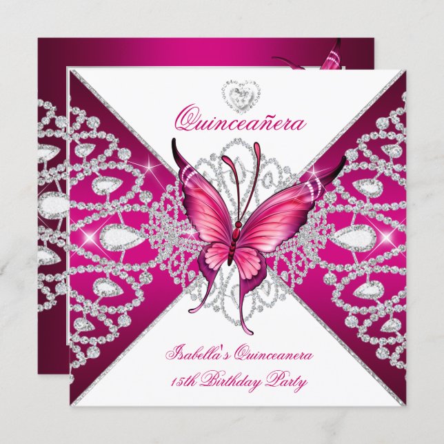 Quinceanera 15th Party Dark Pink Butterfly Tiara Invitation (Front/Back)
