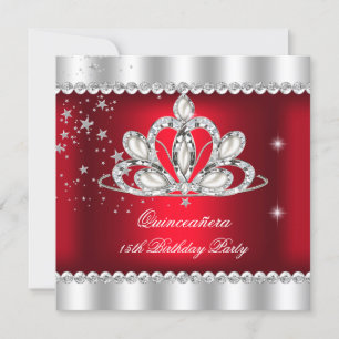 QUINCEANERA 15th Party Dark Red Silver Tiara Invitation