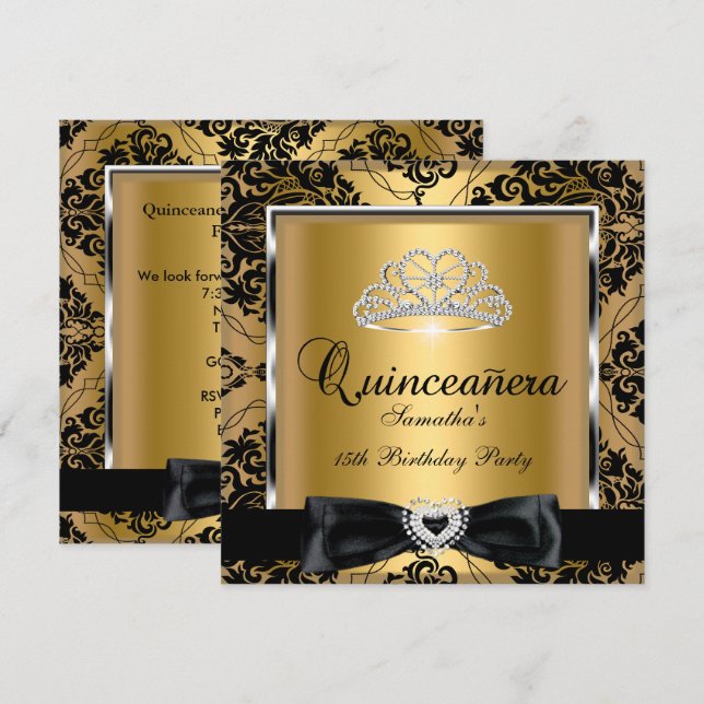 Quinceanera 15th Party Gold Damask Silver Black Invitation (Front/Back)