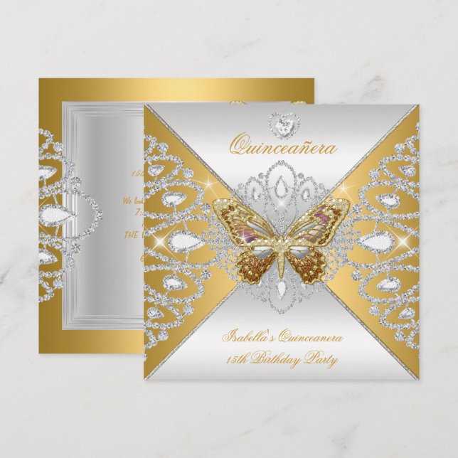 Quinceanera 15th Party Gold Silver Butterfly Tiara Invitation (Front/Back)