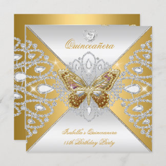 Quinceanera 15th Party Gold Silver Butterfly Tiara Invitation