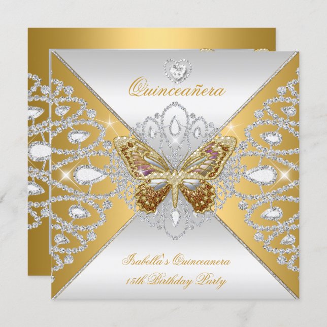 Quinceanera 15th Party Gold Silver Butterfly Tiara Invitation (Front/Back)