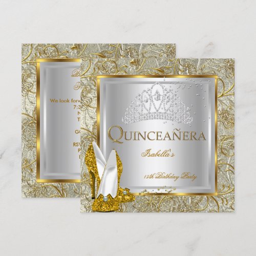 Quinceañera 15th Party Gold Silver Glitter Look Personalized Invite