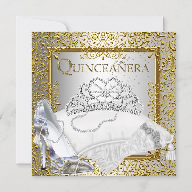 Quinceanera 15th Party Gold Silver Glitter Look Invitation (Front)