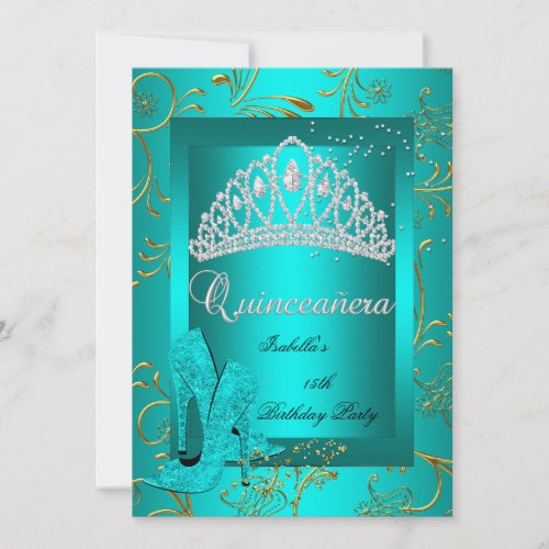 Quinceañera 15th Party Gold Teal Glitter Look Invitations