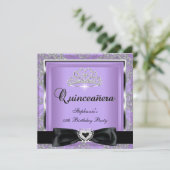 Quinceanera 15th Party Lilac Damask Silver Black Invitation (Standing Front)