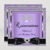 Quinceanera 15th Party Lilac Damask Silver Black Invitation (Front/Back)