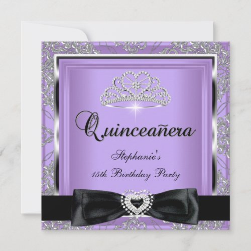 Quinceanera 15th Party Lilac Damask Silver Black Invitation