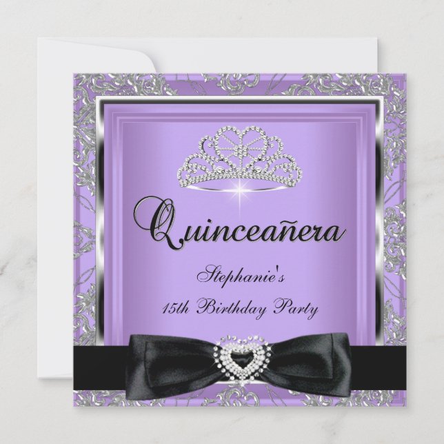 Quinceanera 15th Party Lilac Damask Silver Black Invitation (Front)