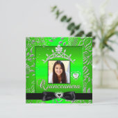 Quinceanera 15th Party Lime Green Silver Damask Invitation (Standing Front)