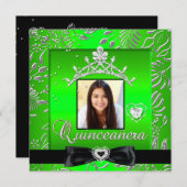 Quinceanera 15th Party Lime Green Silver Damask Invitation (Front/Back)