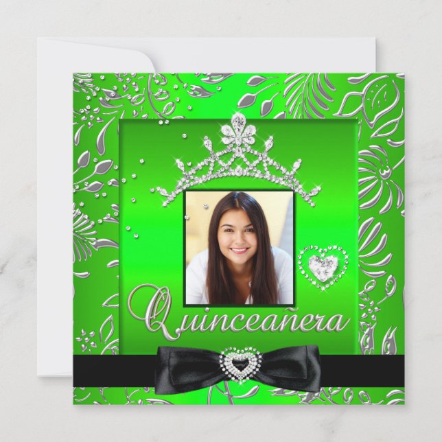 Quinceanera 15th Party Lime Green Silver Damask Invitation (Front)