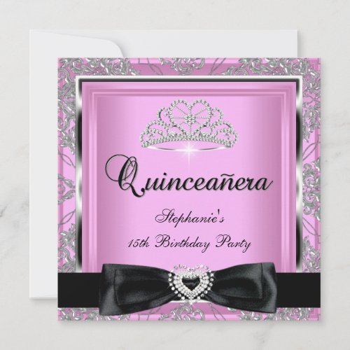 Quinceanera 15th Party Pink Damask Silver Black Personalized Invitation