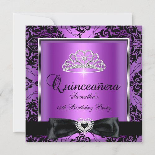 Quinceanera 15th Party Purple Damask Silver Black Personalized Invitation
