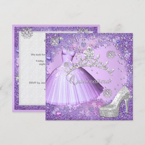 Quinceanera 15th Party Purple Tiara Dress Shoe Custom Invite