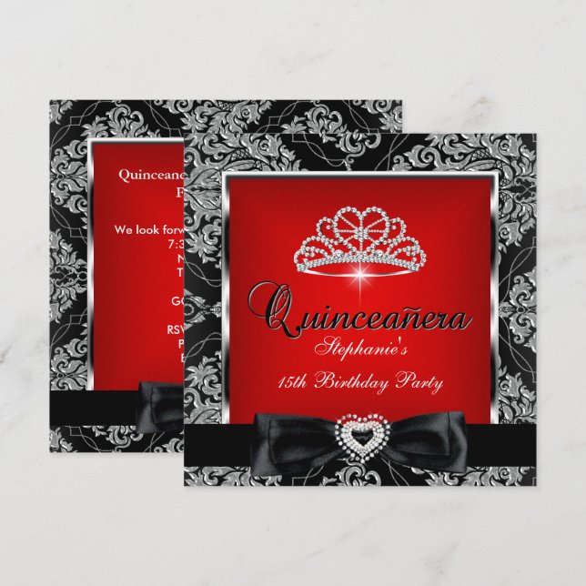 Quinceanera 15th Party Red Damask Silver Black Invitation (Front/Back)