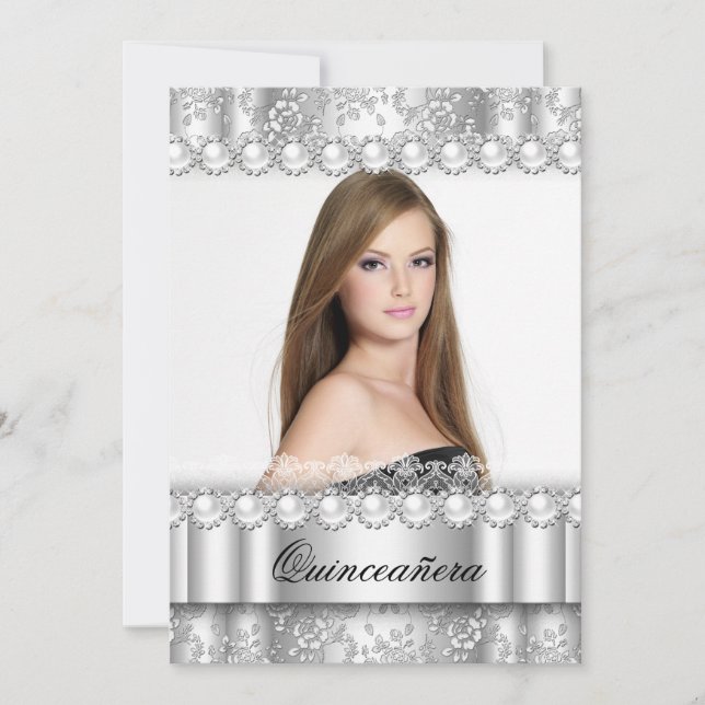 Quinceanera 15th Party Silver Damask Photo Invitation (Front)