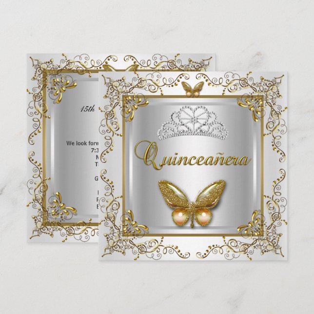 Quinceanera 15th Party Silver White Gold Butterfly Invitation (Front/Back)