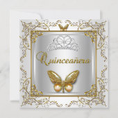 Quinceanera 15th Party Silver White Gold Butterfly Invitation (Front)