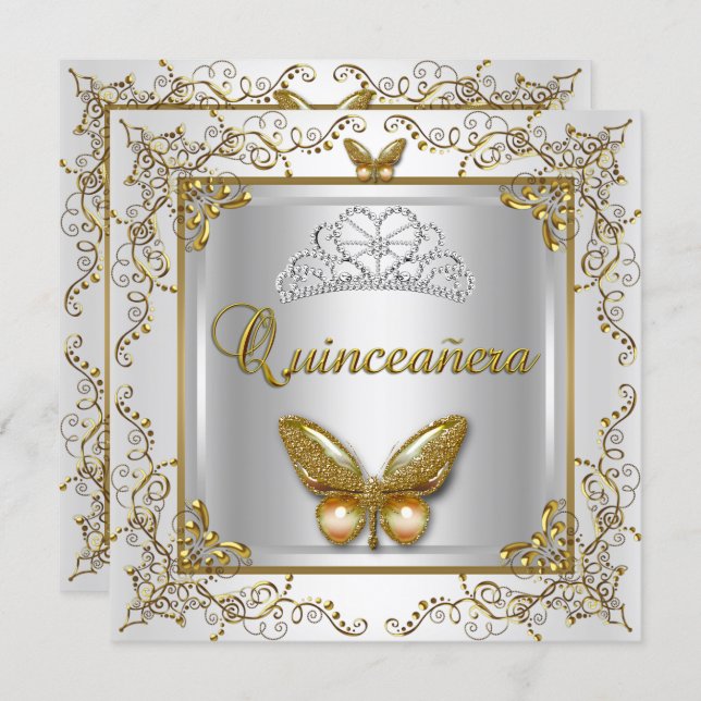 Quinceanera 15th Party Silver White Gold Butterfly Invitation (Front/Back)