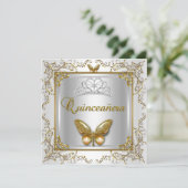 Quinceanera 15th Party Silver White Gold Butterfly Invitation (Standing Front)