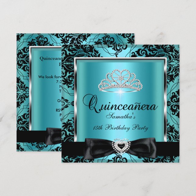 Quinceanera 15th Party Teal Damask Silver Black Invitation (Front/Back)