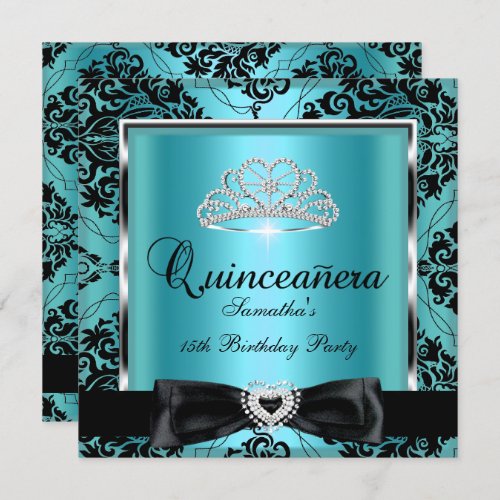 Quinceanera 15th Party Teal Damask Silver Black Invitation