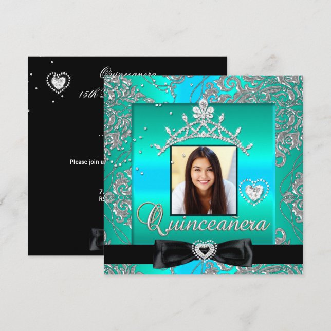Quinceanera 15th Party Teal Silver Damask Photo Invitation (Front/Back)