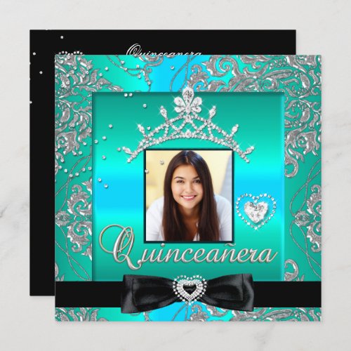 Quinceanera 15th Party Teal Silver Damask Photo Invitation